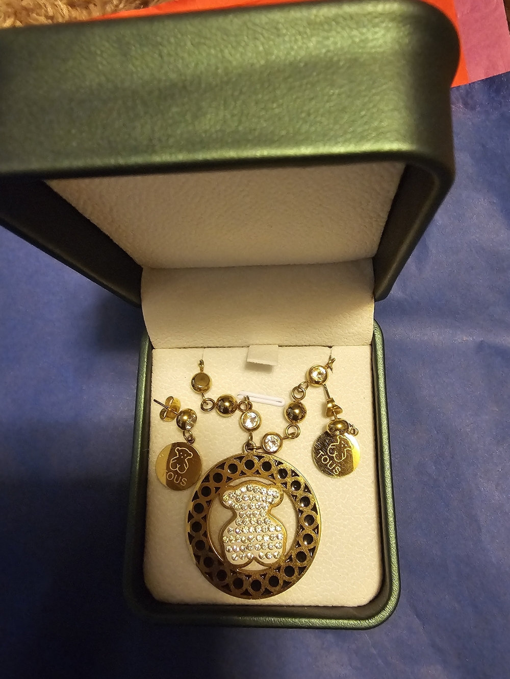 Gold-Tone Non Tarnishing Pendant Necklace and Earrings Set with Crystal Accents